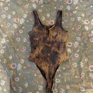 Gray orange acid washed bleached tie dye tank bodysuit.